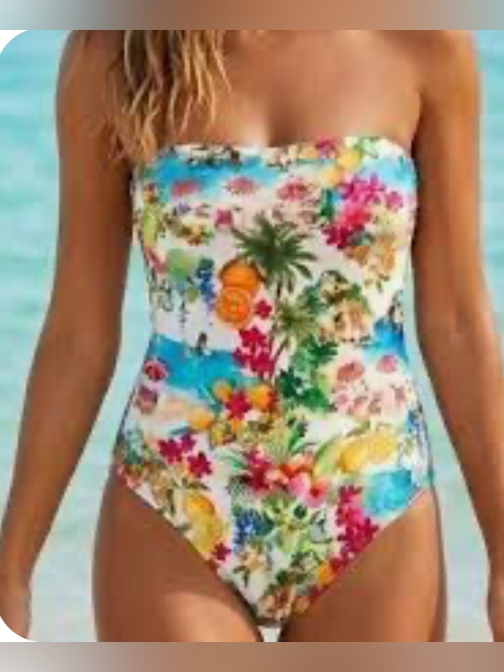 Shade & Shore Floral Tropical Fruit One Piece Swimsuit Bandeau detachable straps
